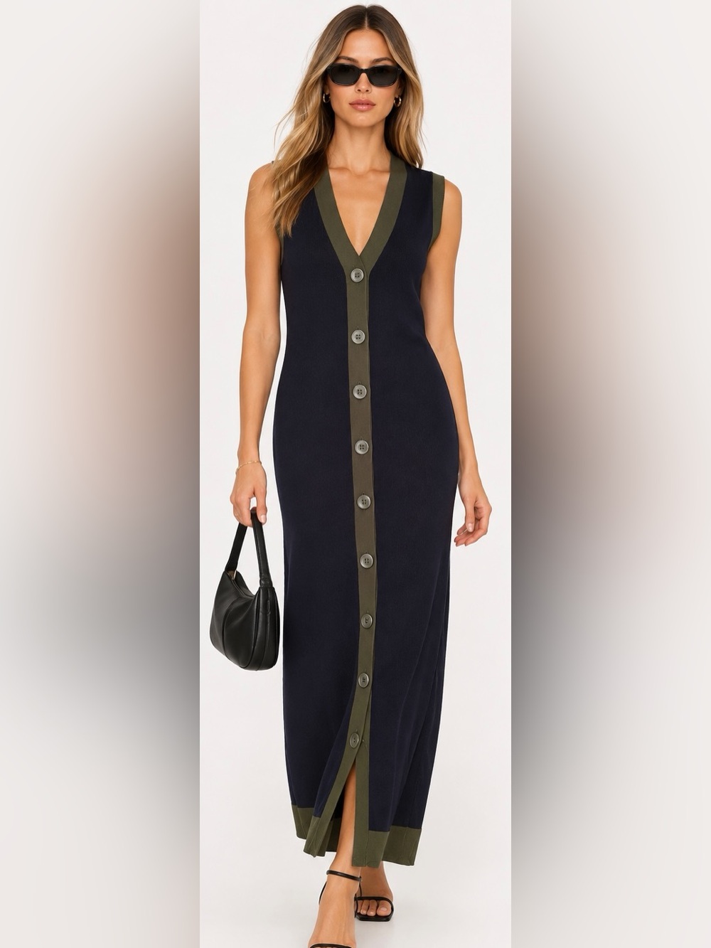 Mima Rosso New York Navy Olive Long Button Front Knit Vest Dress Size S jersey
